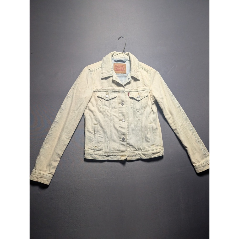 Levi's Original Trucker Jacket Womens XS Cream Embroidered Floral Button Front